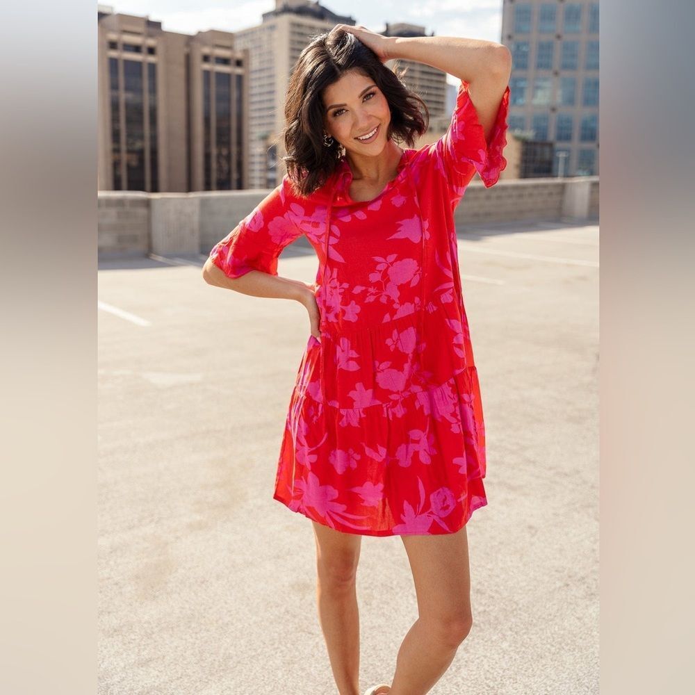 C+D+M L Pink Red Floral Mini Dress